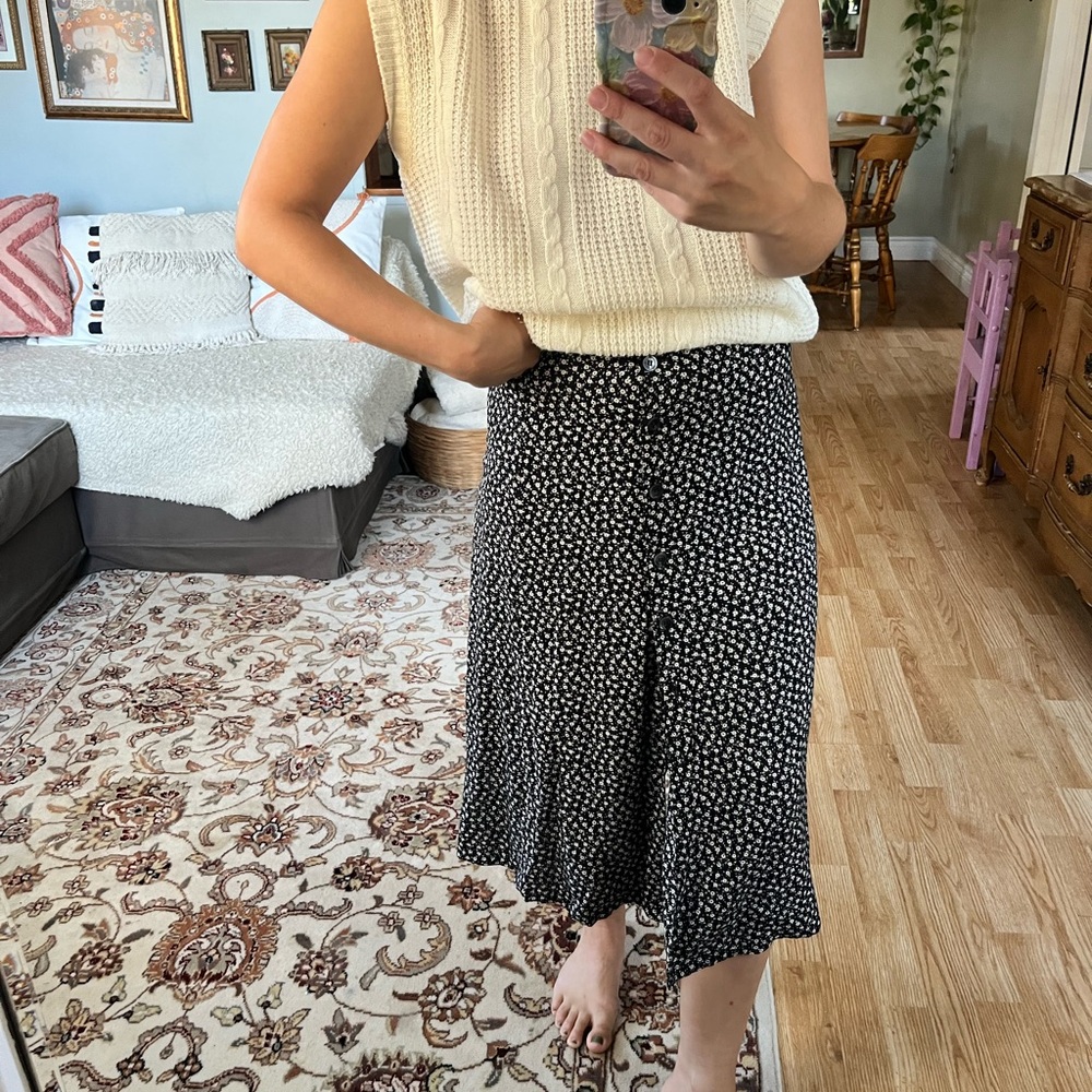 Vintage Black and White Floral Midi Skirt